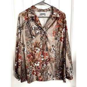Vintage Disco Shaker‎ Sport Shirt Brown Floral  16W Womens 36 Stretch Blouse 111